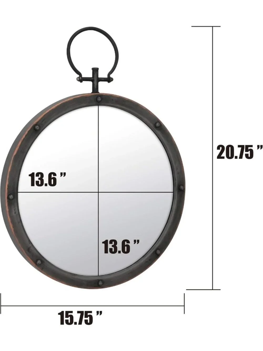 Rustic Bronze Round Metal Mirror with Rivet Detail & Hanging Ring, 21.1